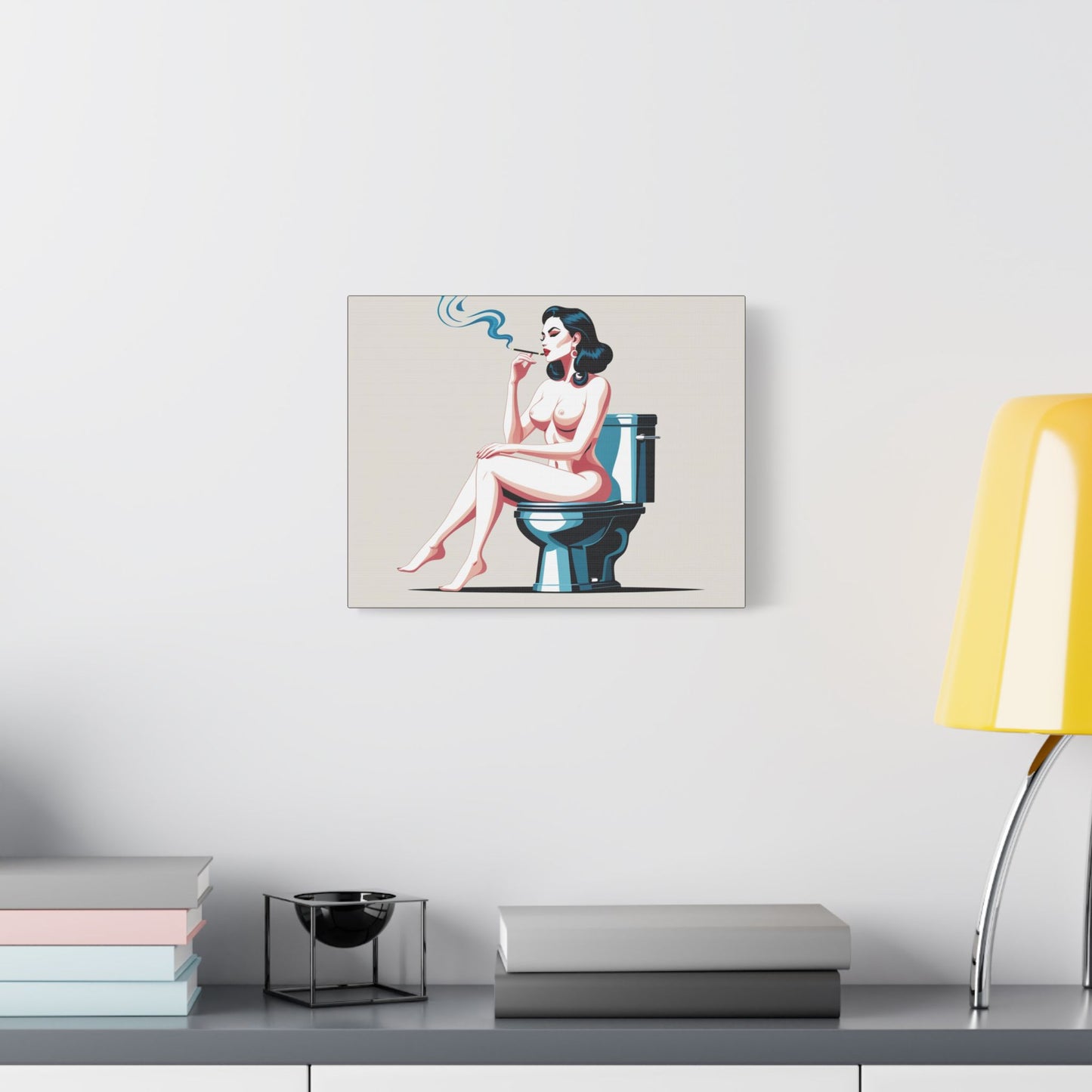 Retro Vintage Art Canvas Print - Sensual Woman Smoking on Toilet