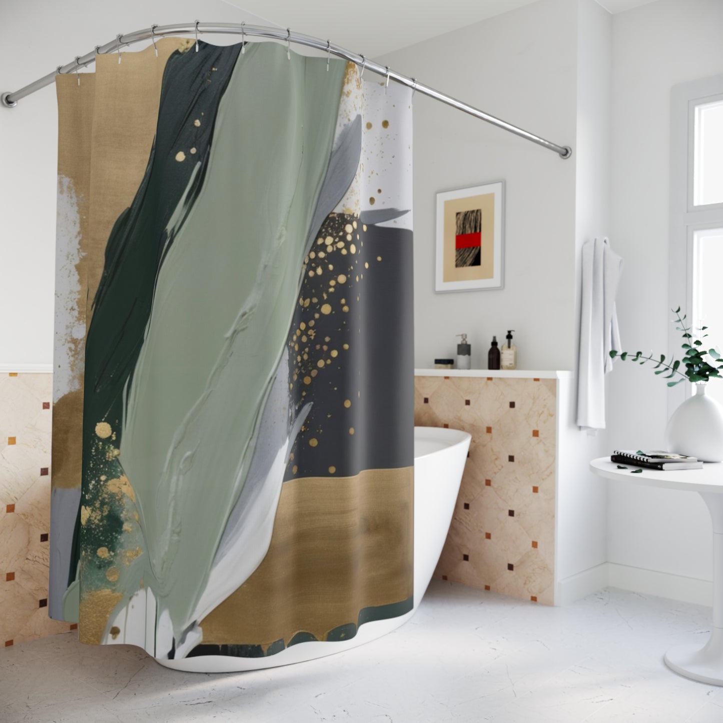 Abstract Modern Shower Curtain - Artistic Green and Gold Splash Design