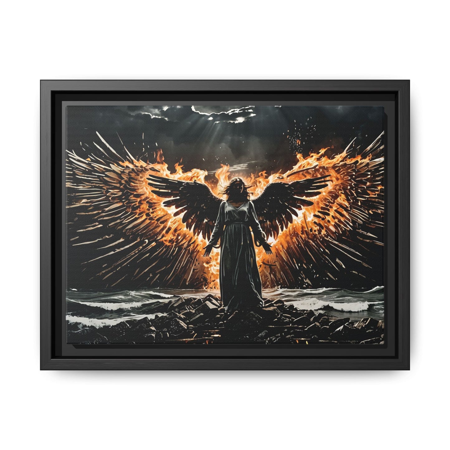 Framed Matte Canvas Wall Art - Angel with Fiery Wings