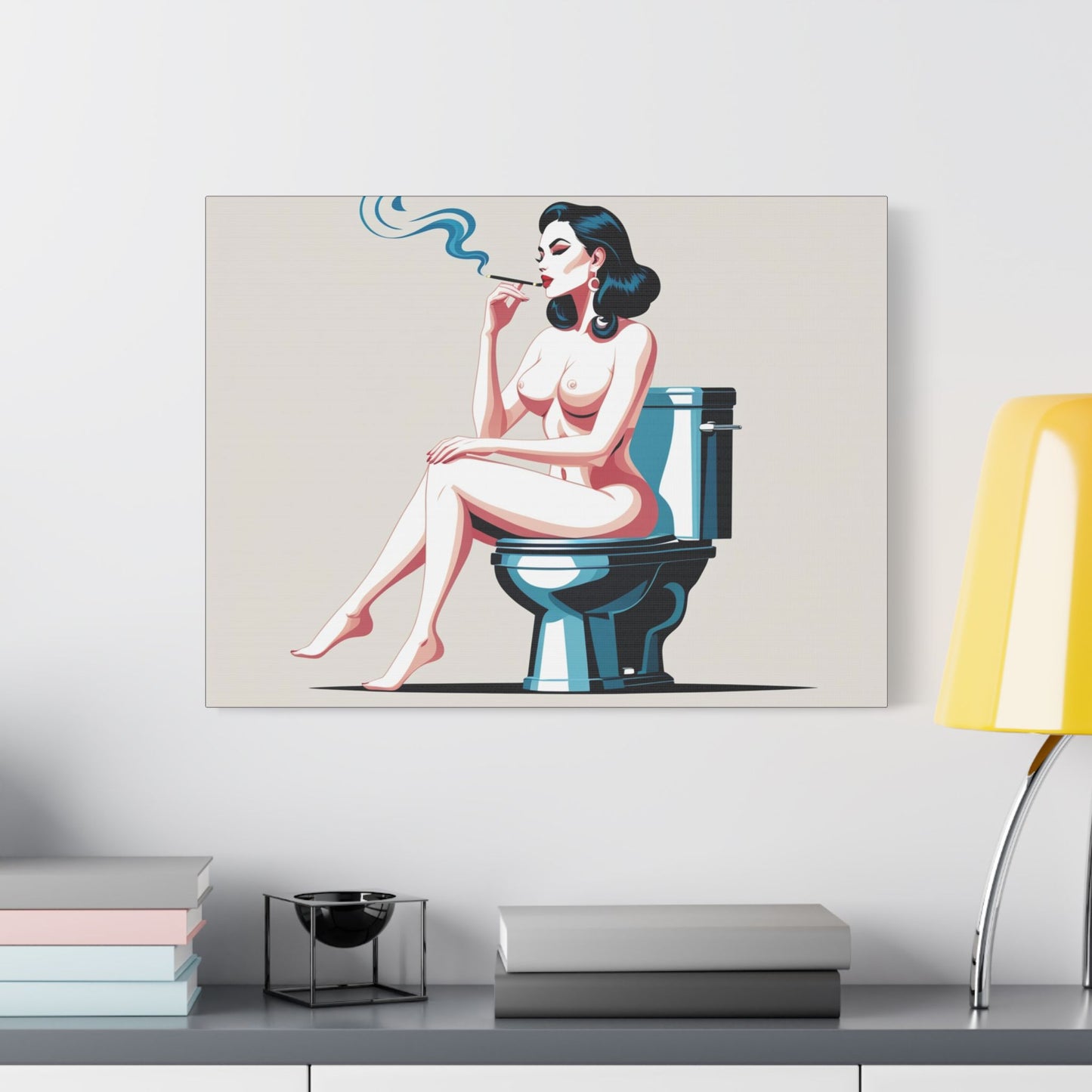 Retro Vintage Art Canvas Print - Sensual Woman Smoking on Toilet