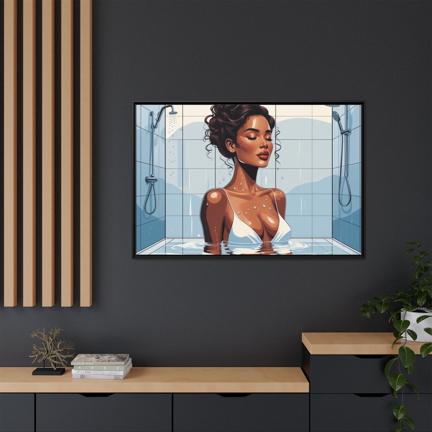 Serene Bathing Woman Canvas Art - Framed Multi-Color Wall Decor