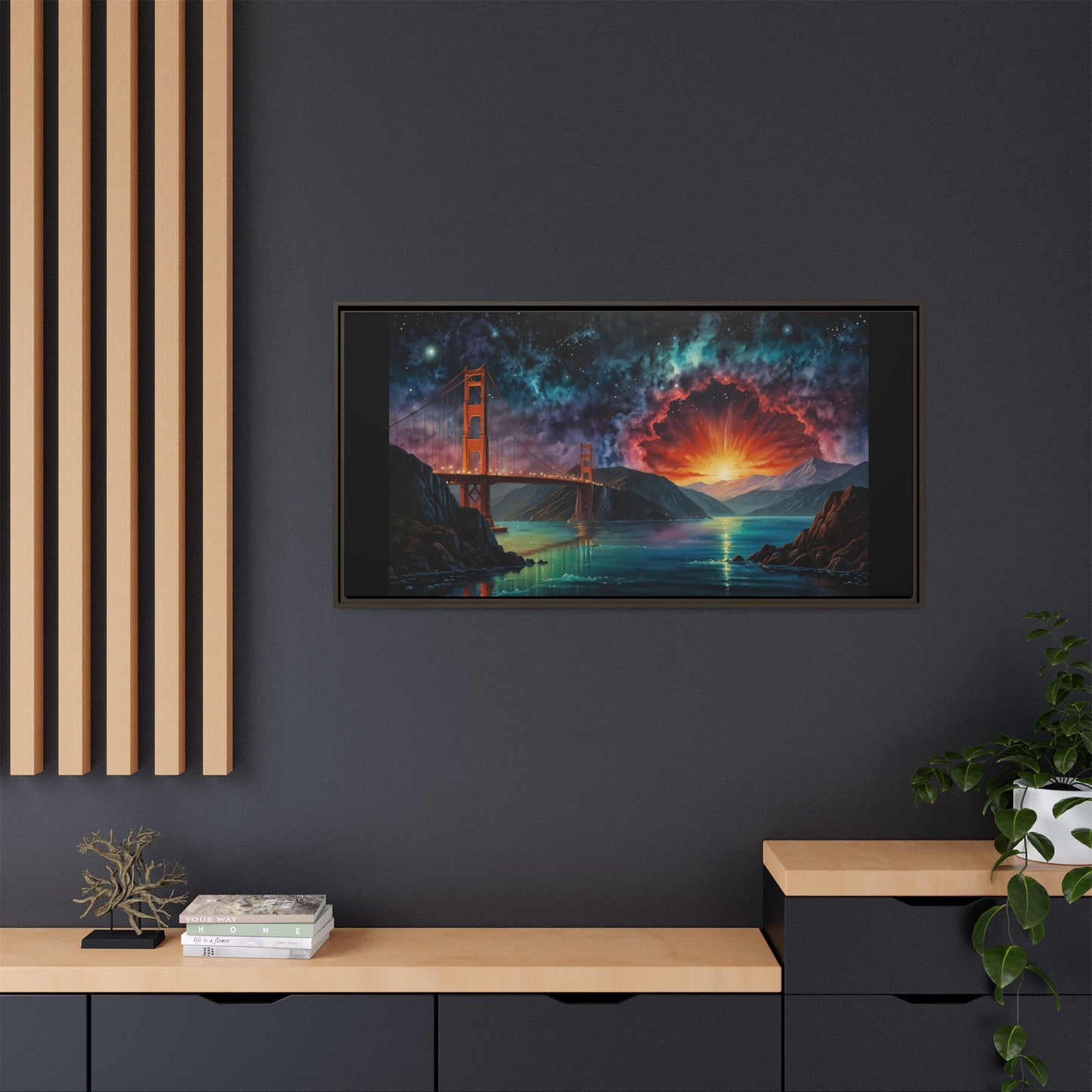 Golden Gate Sunset Framed Canvas Art - Multi-Color Wall Decor