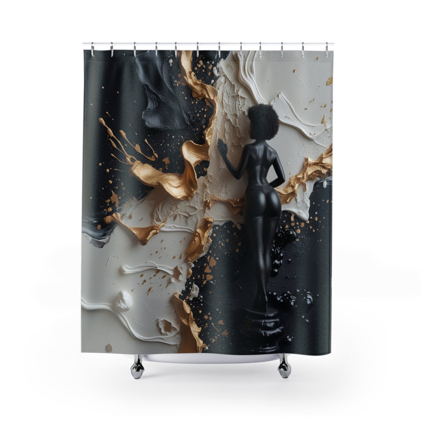 Elegant Abstract Art Shower Curtain | Gold and Black Aesthetic