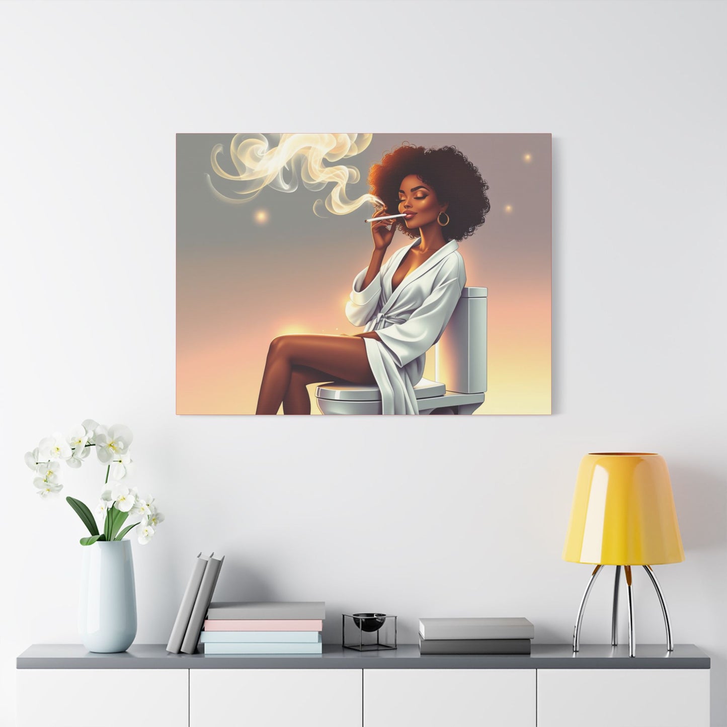 Contemporary Satin Canvas Wall Art - Stylish Leisure Scene with Female Figure