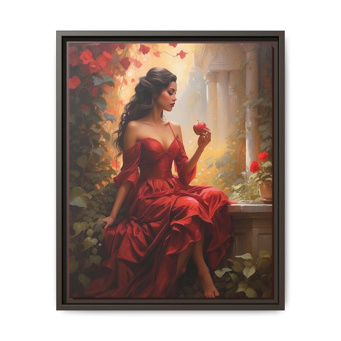 Elegant Framed Canvas Art - Romantic Red Dress with Apple