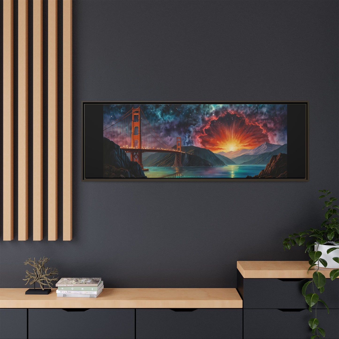 Golden Gate Sunset Framed Canvas Art - Multi-Color Wall Decor