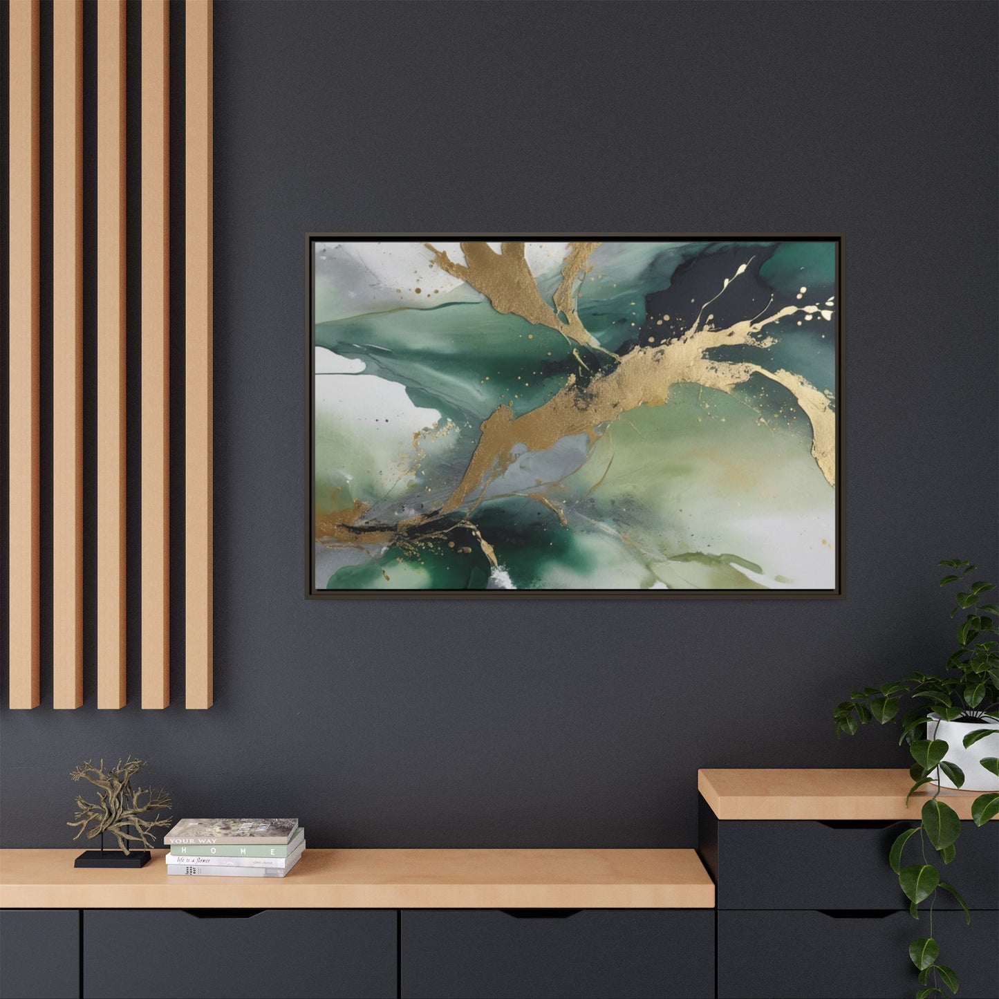Elegant Abstract Framed Canvas Wall Art - Multi-Color Gold Accents