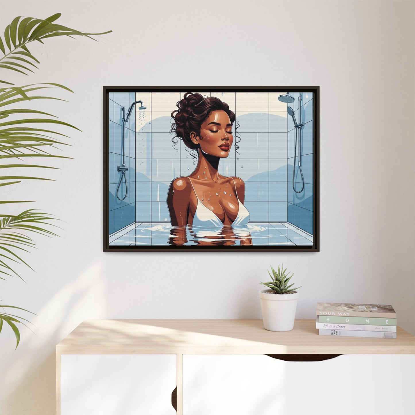 Serene Bathing Woman Canvas Art - Framed Multi-Color Wall Decor