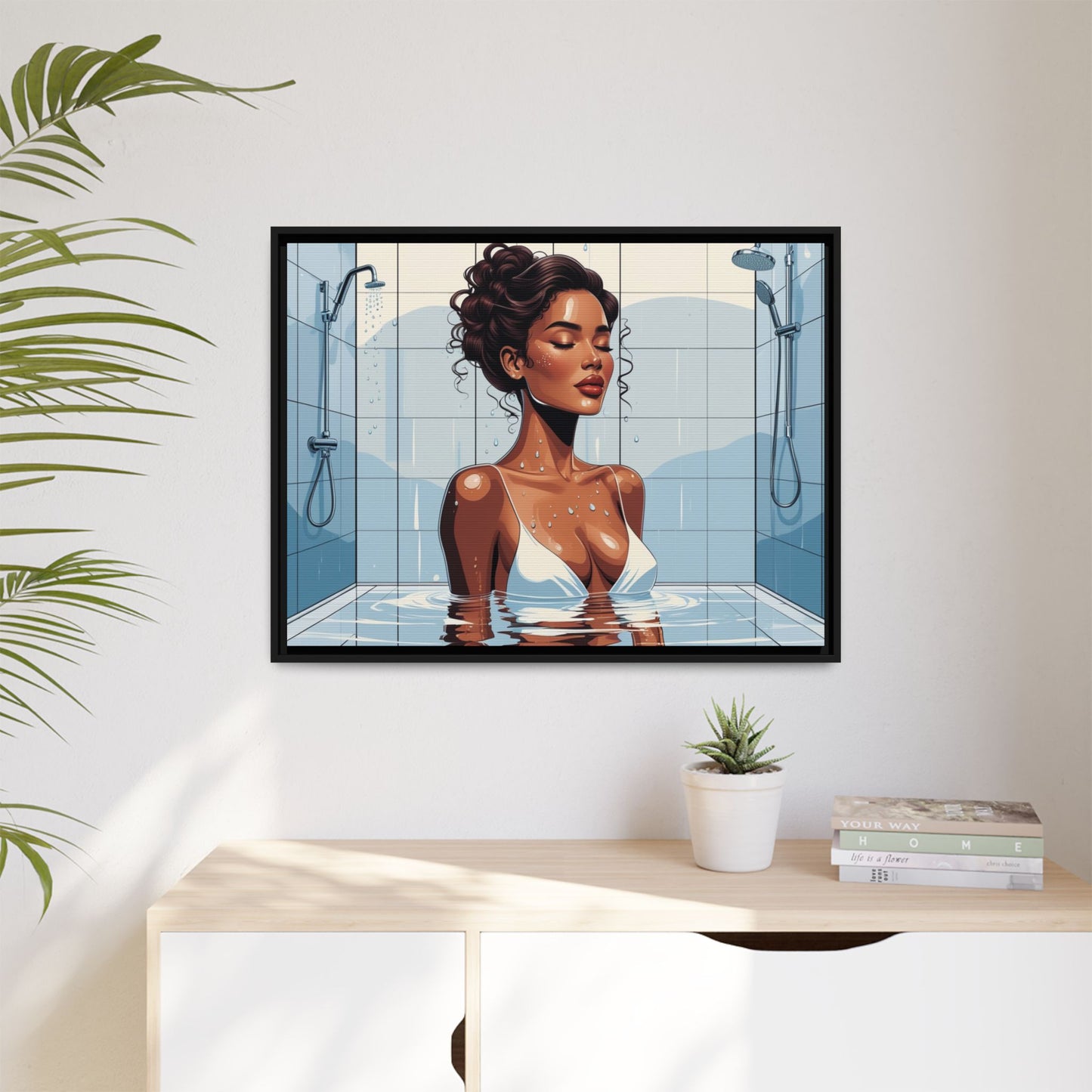 Serene Bathing Woman Canvas Art - Framed Multi-Color Wall Decor