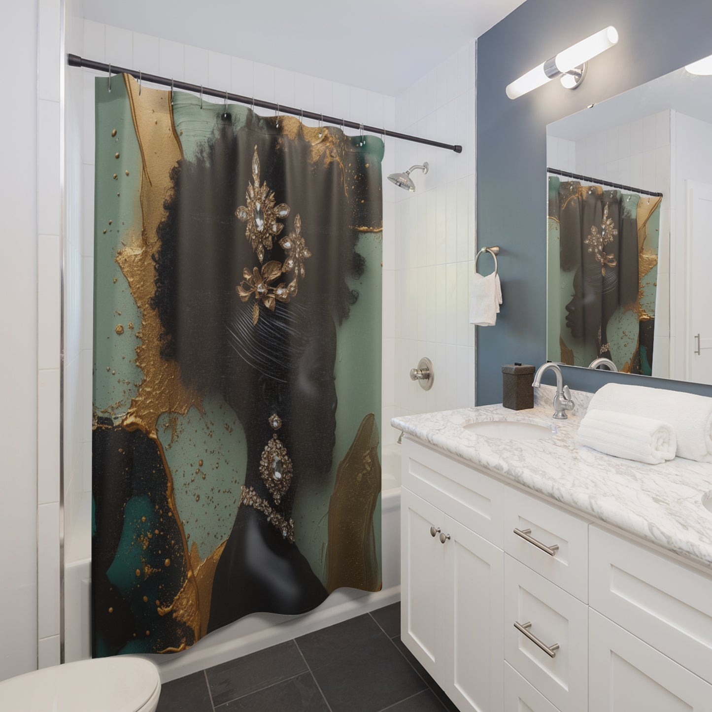 Elegant Afrocentric Shower Curtain with Gold Accents | Artistic Bathroom Decor