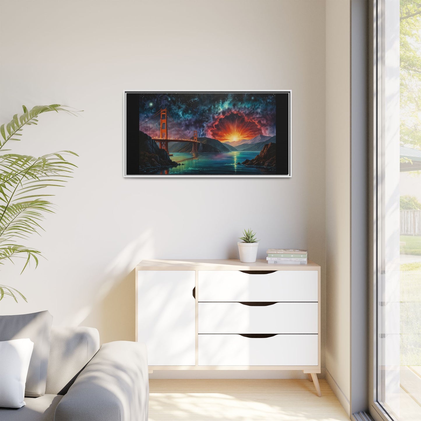 Golden Gate Sunset Framed Canvas Art - Multi-Color Wall Decor