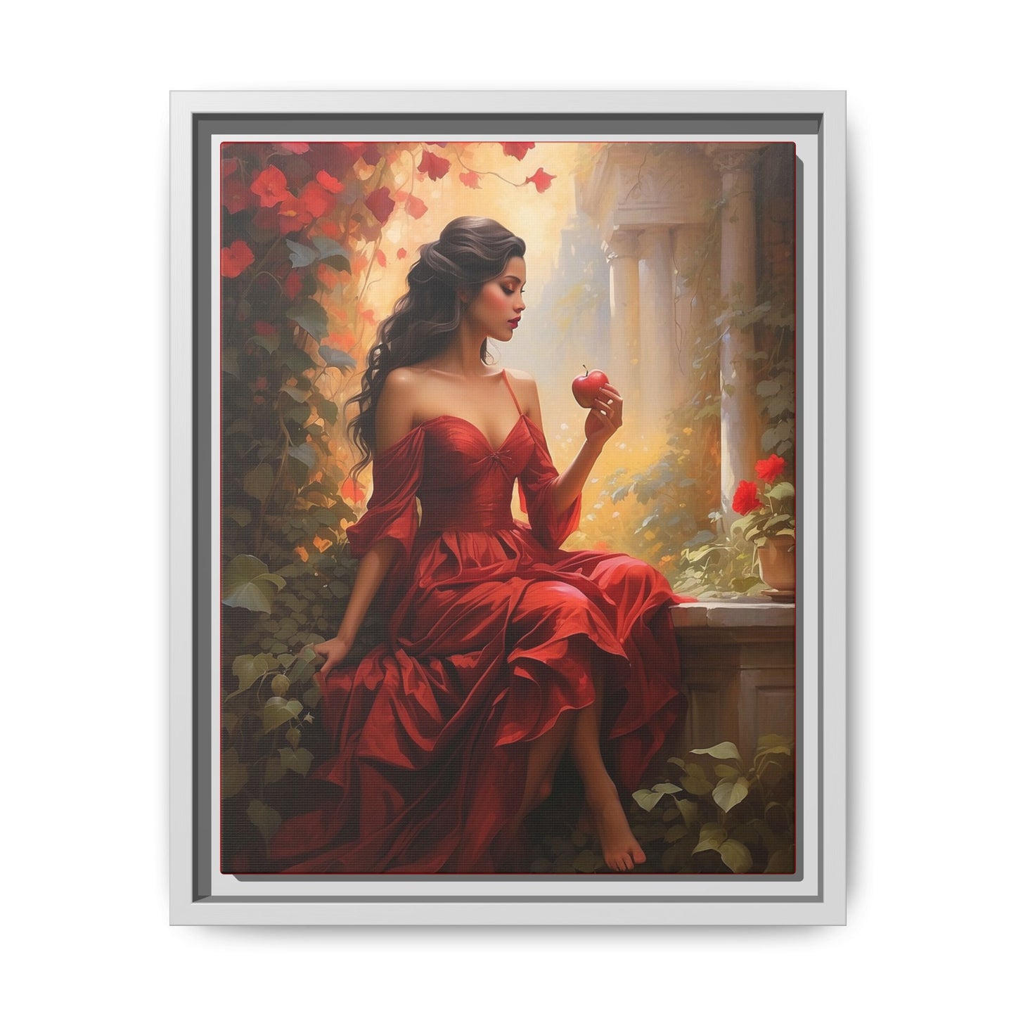 Elegant Framed Canvas Art - Romantic Red Dress with Apple