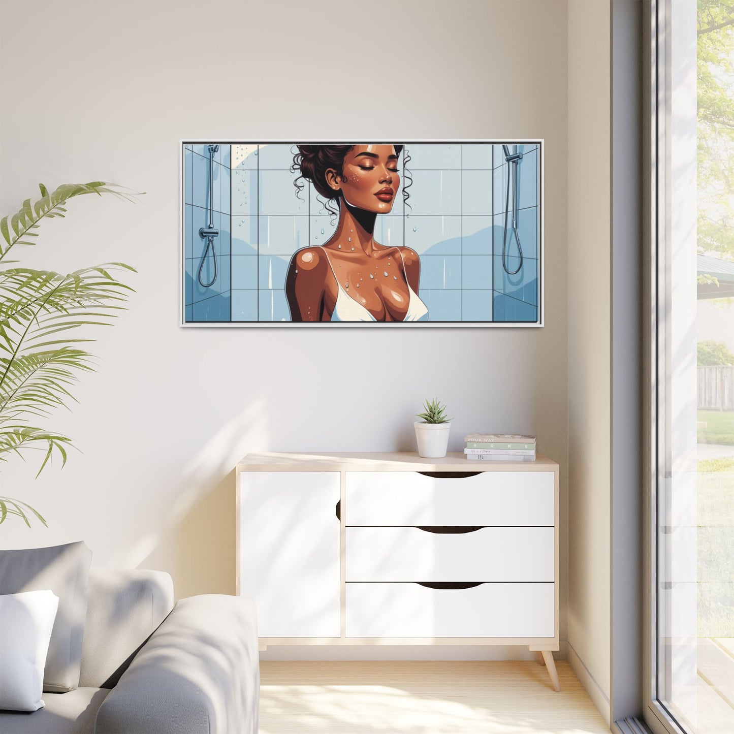 Serene Bathing Woman Canvas Art - Framed Multi-Color Wall Decor