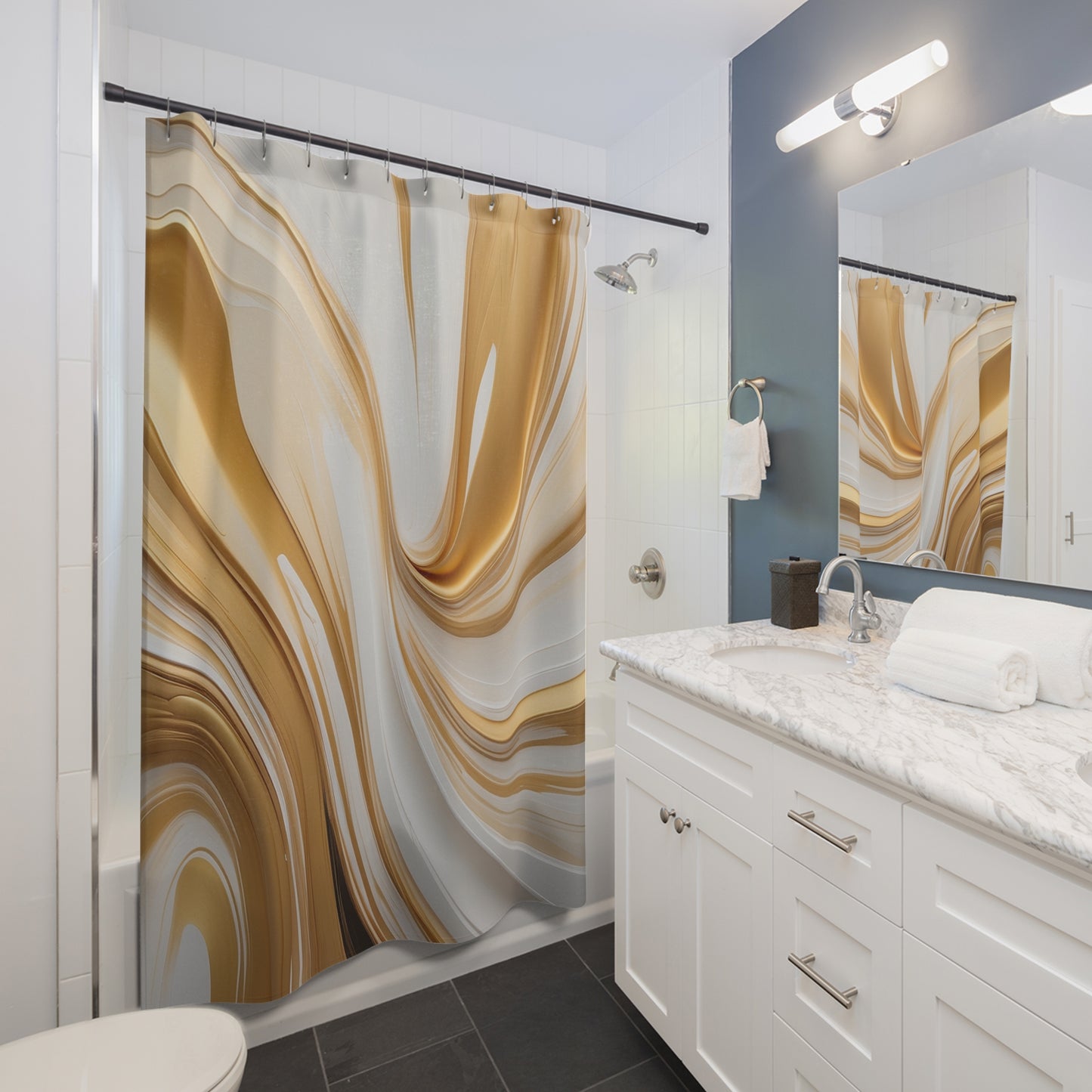 Elegant Gold & White Marble Shower Curtain - Modern Bathroom Decor