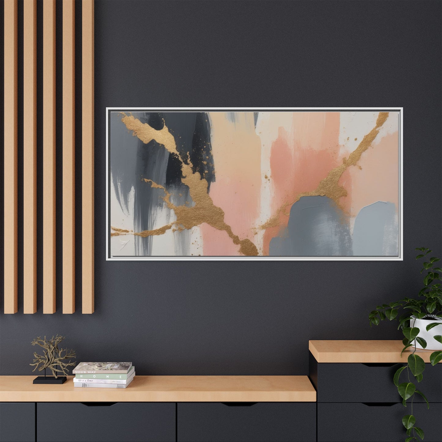 Elegant Abstract Framed Canvas Art with Gold Accents