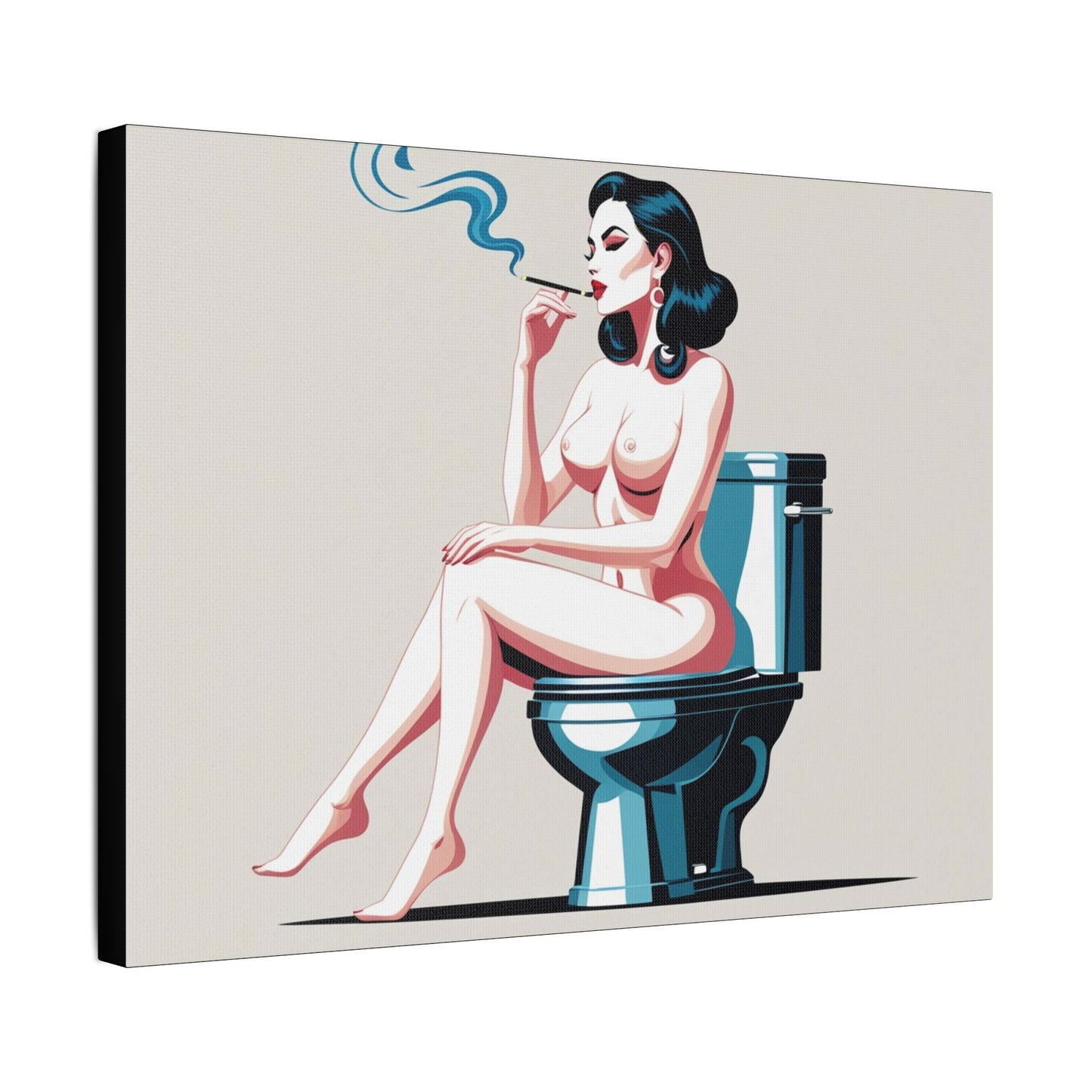 Retro Vintage Art Canvas Print - Sensual Woman Smoking on Toilet