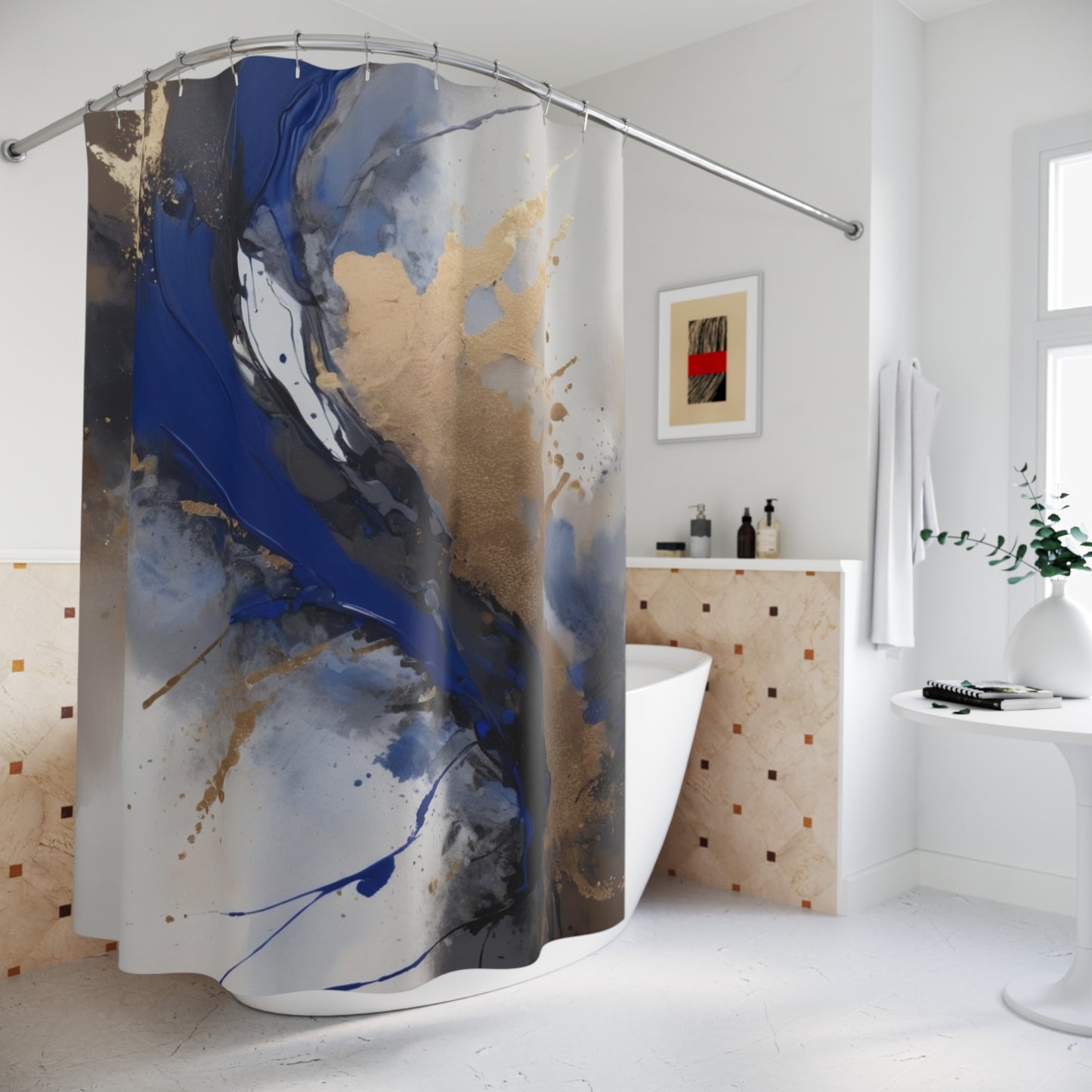 Elegant Abstract Shower Curtain - Navy and Gold Design for Modern Bathrooms