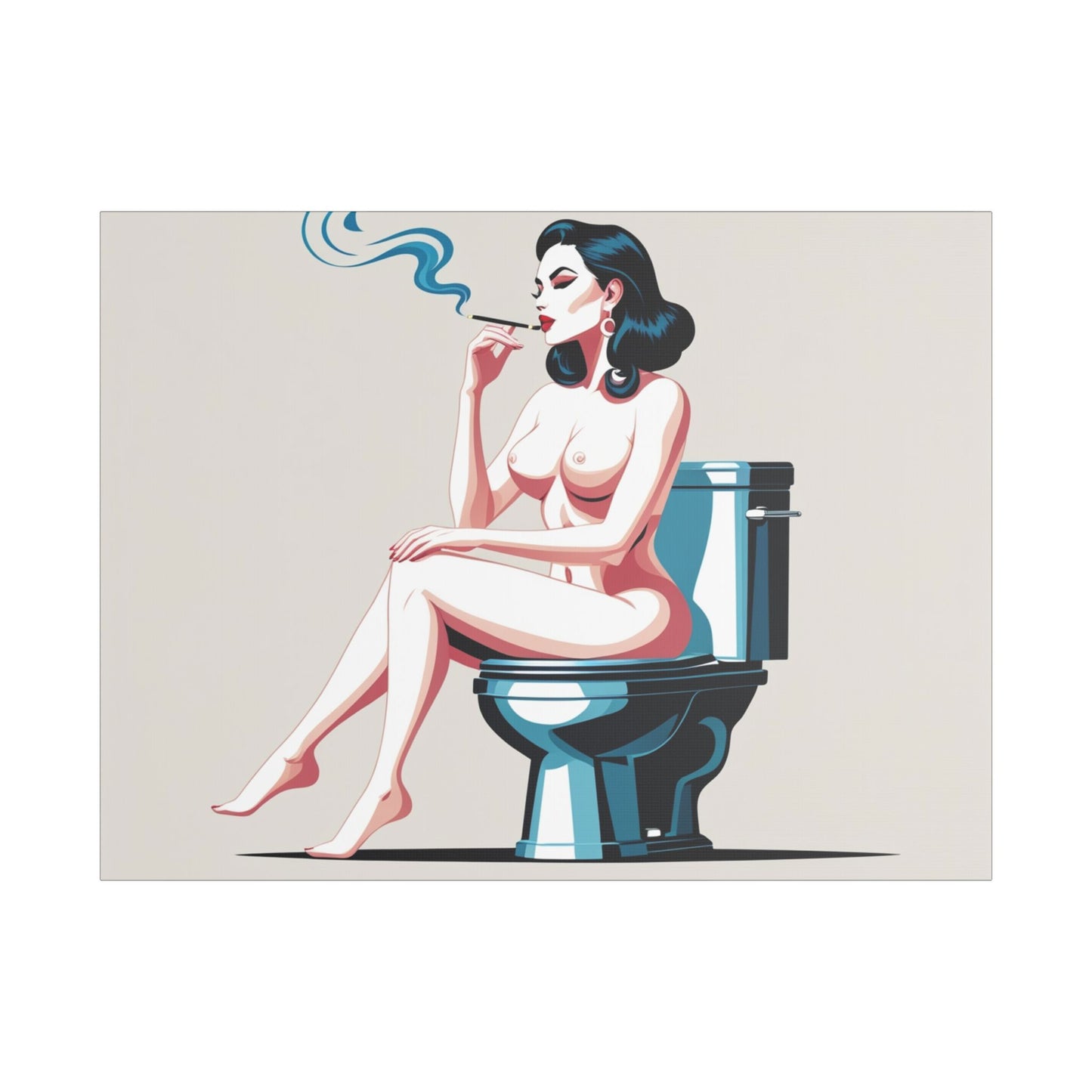 Retro Vintage Art Canvas Print - Sensual Woman Smoking on Toilet