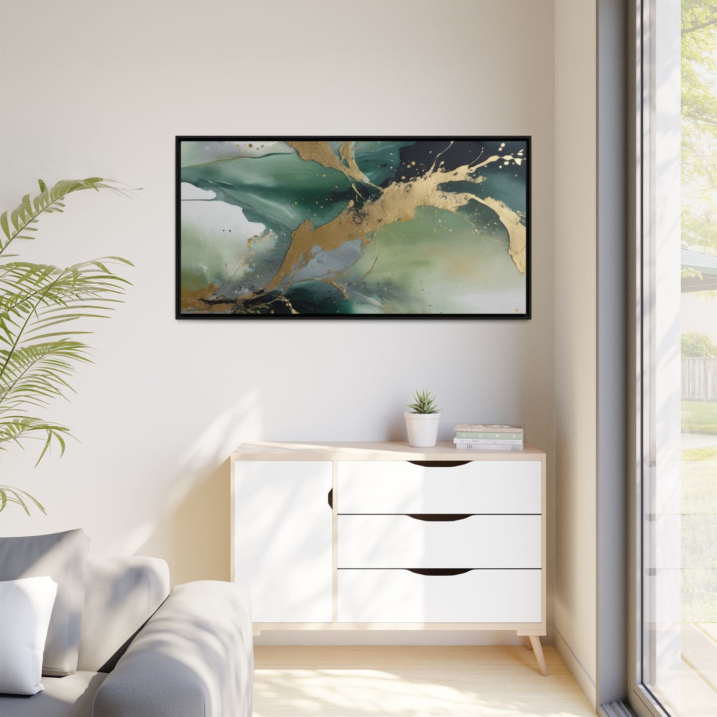 Elegant Abstract Framed Canvas Wall Art - Multi-Color Gold Accents