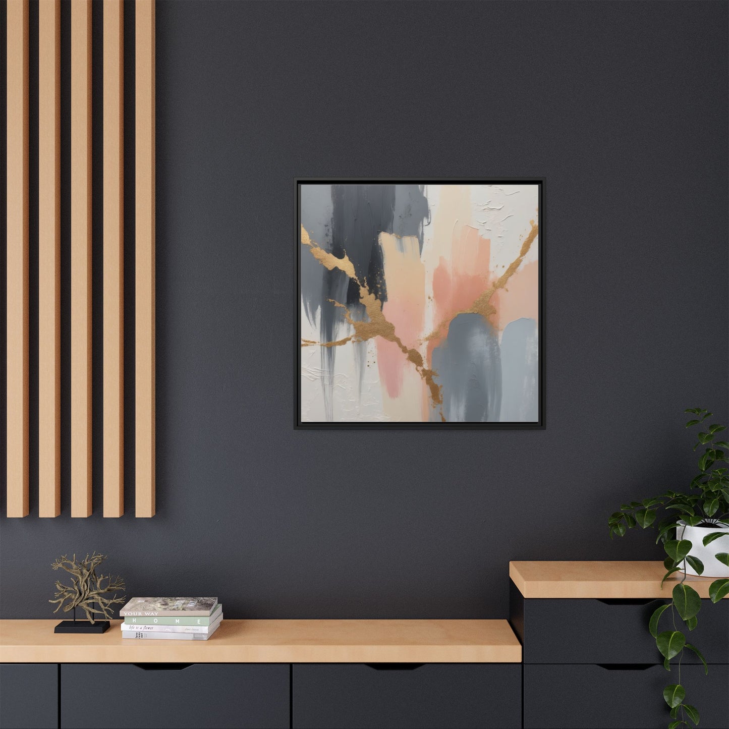 Elegant Abstract Framed Canvas Art with Gold Accents