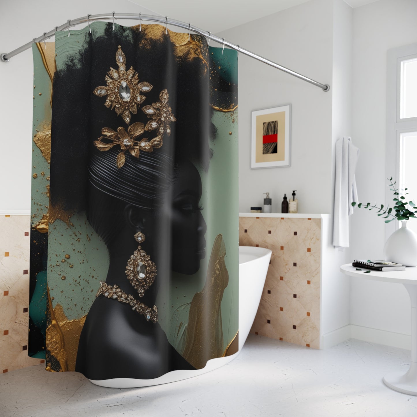 Elegant Afrocentric Shower Curtain with Gold Accents | Artistic Bathroom Decor