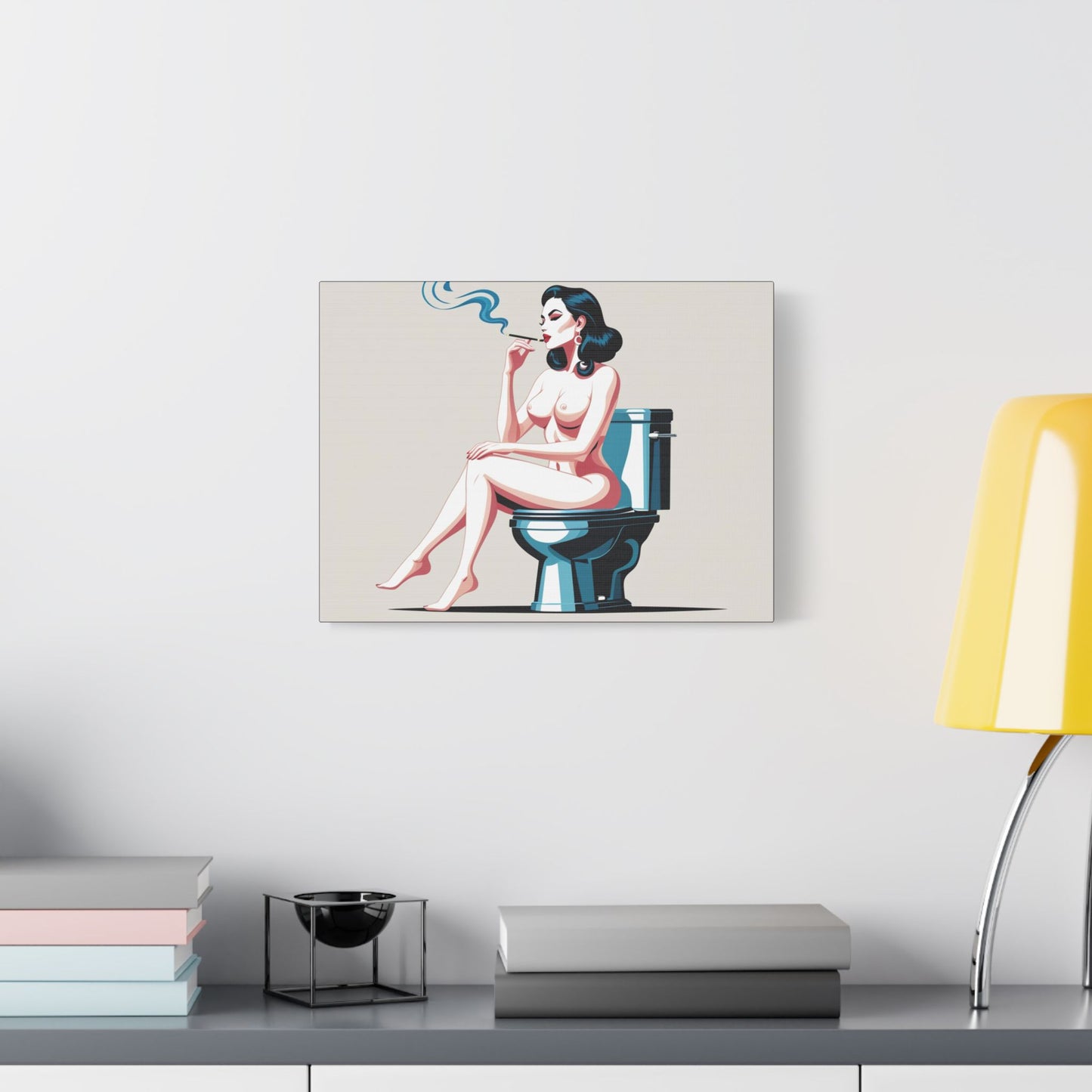 Retro Vintage Art Canvas Print - Sensual Woman Smoking on Toilet