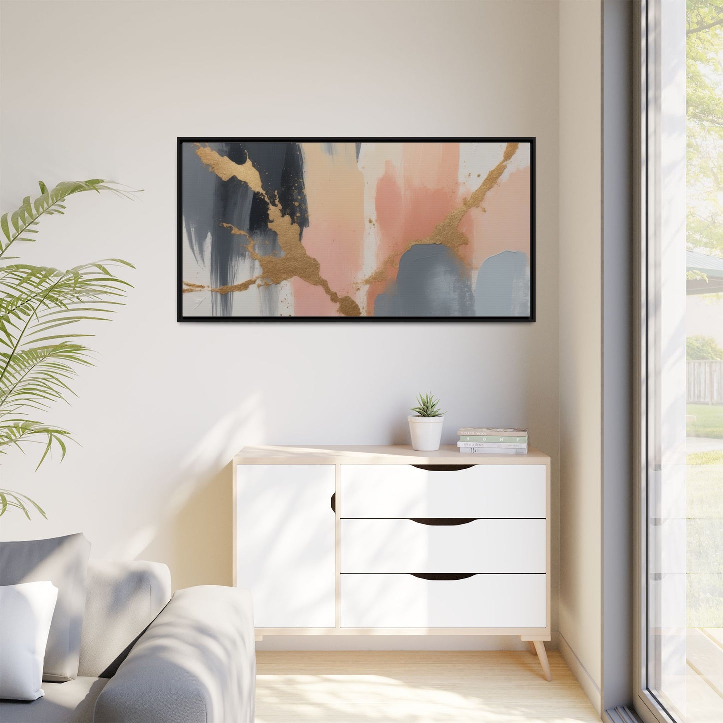 Elegant Abstract Framed Canvas Art with Gold Accents