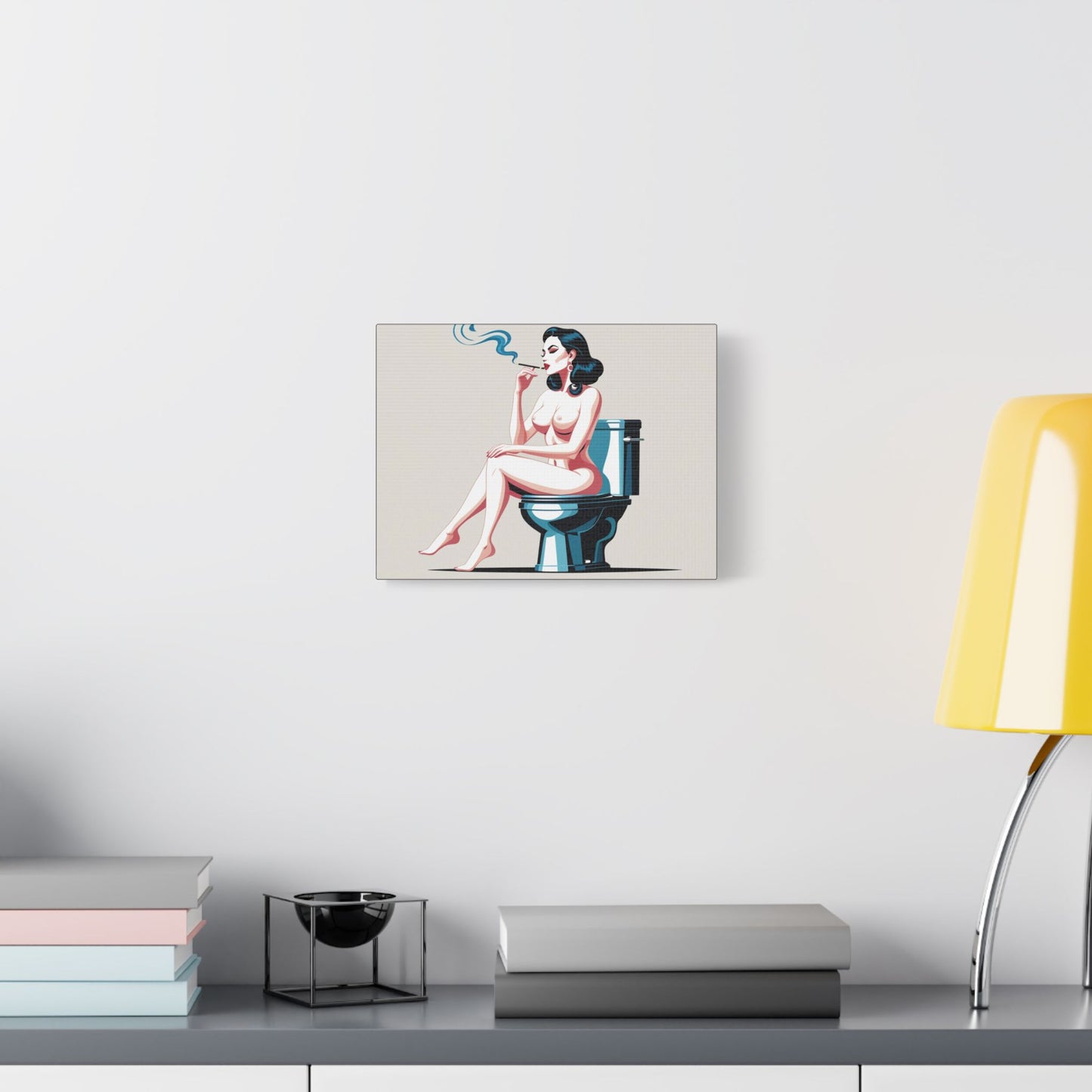 Retro Vintage Art Canvas Print - Sensual Woman Smoking on Toilet