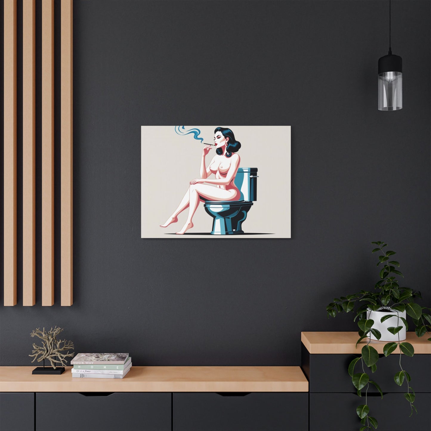 Retro Vintage Art Canvas Print - Sensual Woman Smoking on Toilet