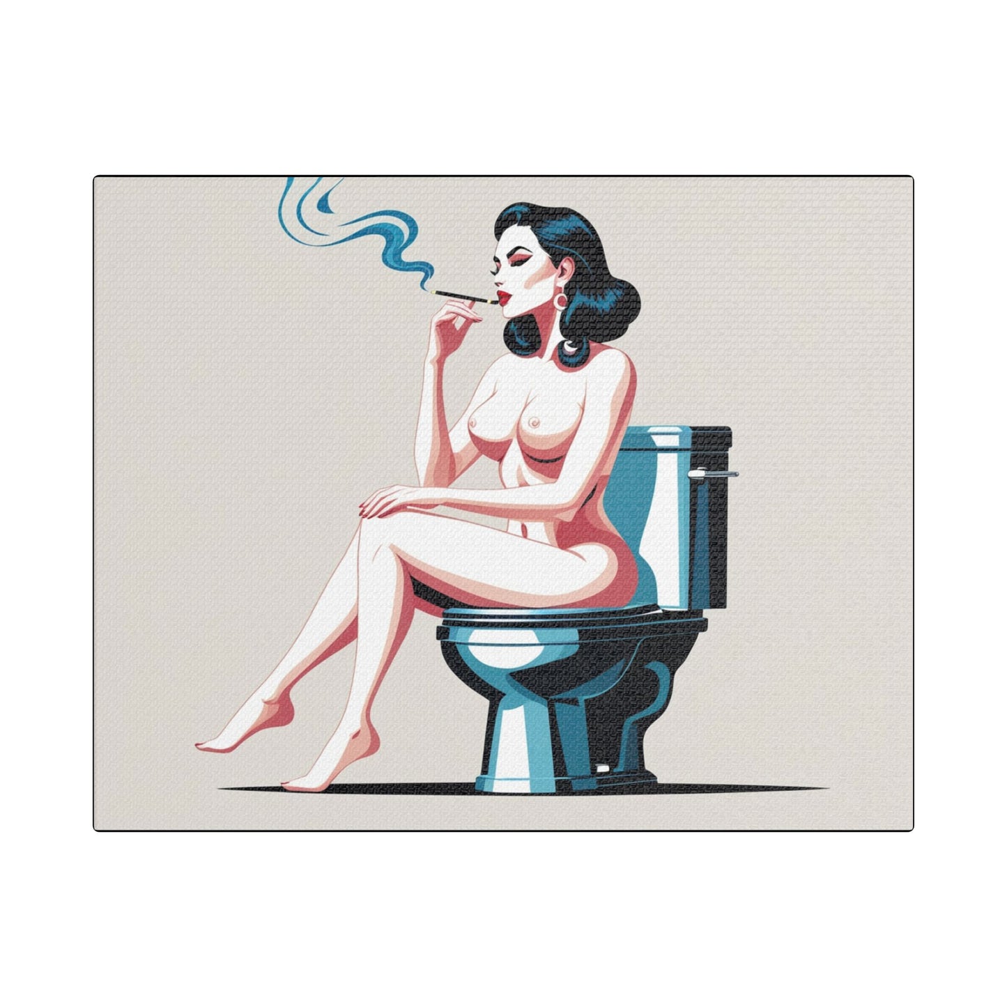 Retro Vintage Art Canvas Print - Sensual Woman Smoking on Toilet