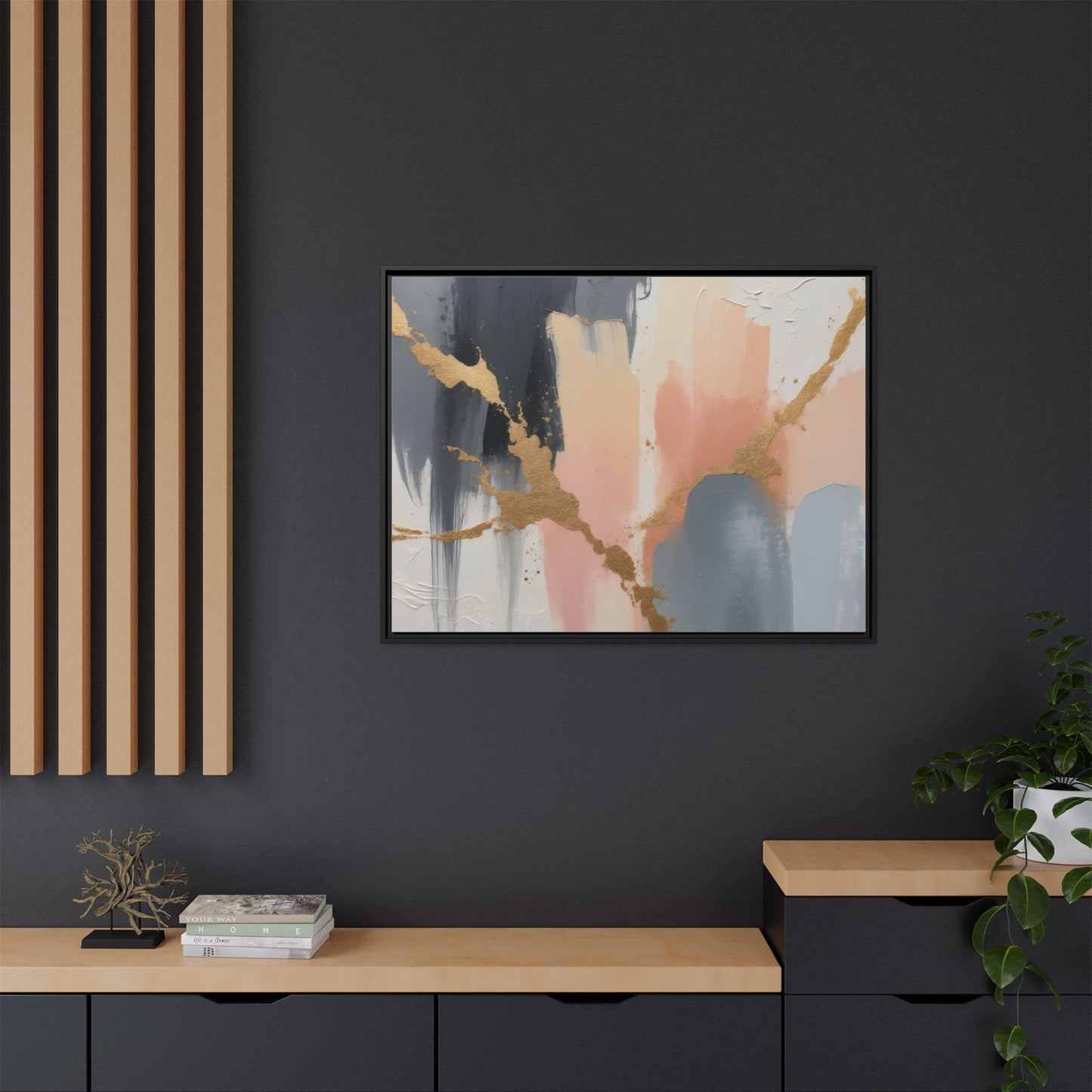 Elegant Abstract Framed Canvas Art with Gold Accents