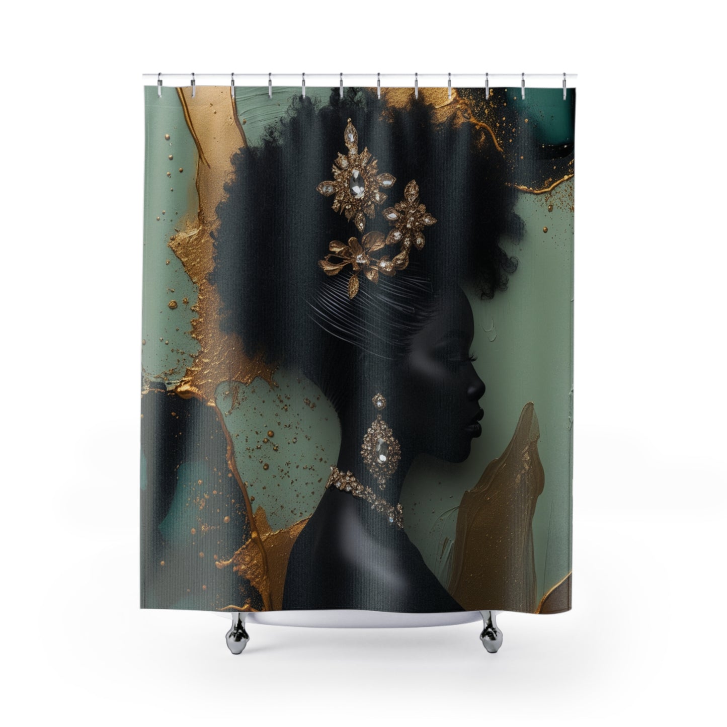 Elegant Afrocentric Shower Curtain with Gold Accents | Artistic Bathroom Decor