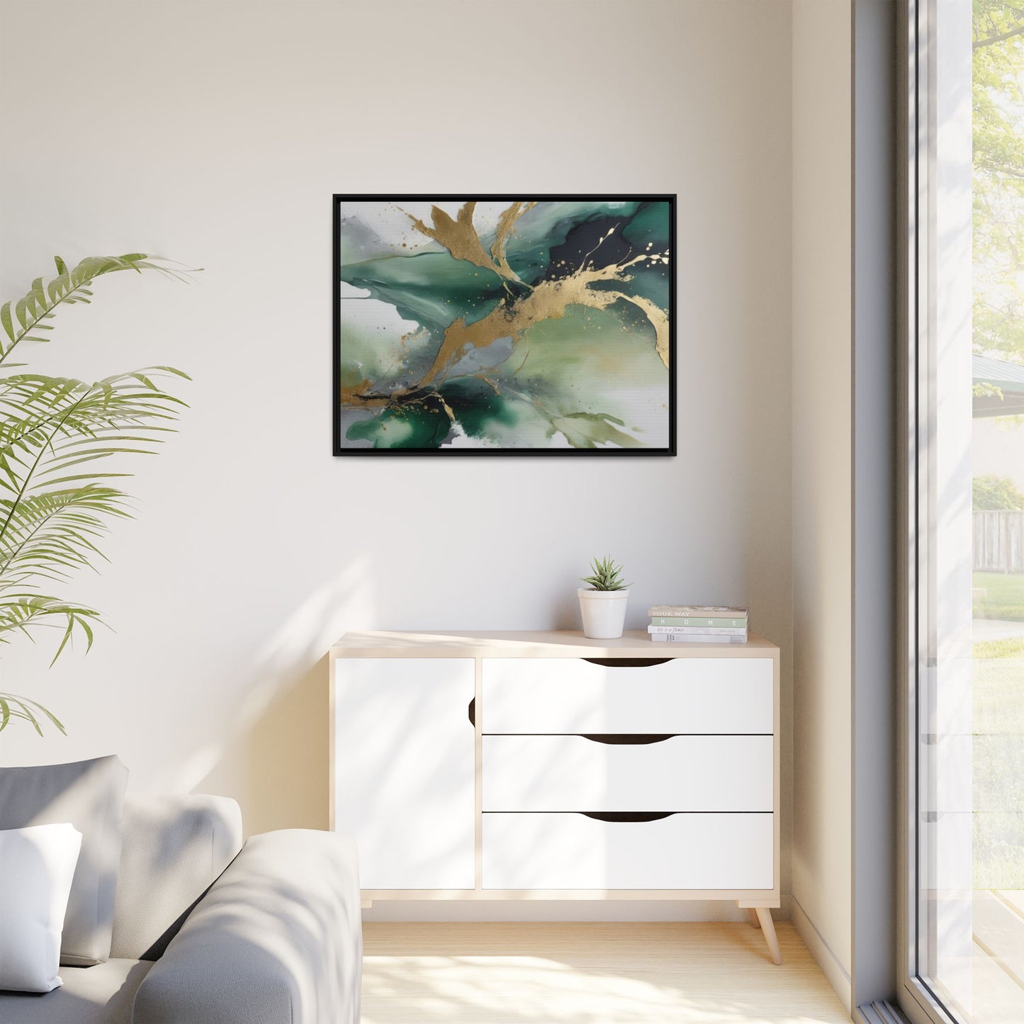 Elegant Abstract Framed Canvas Wall Art - Multi-Color Gold Accents