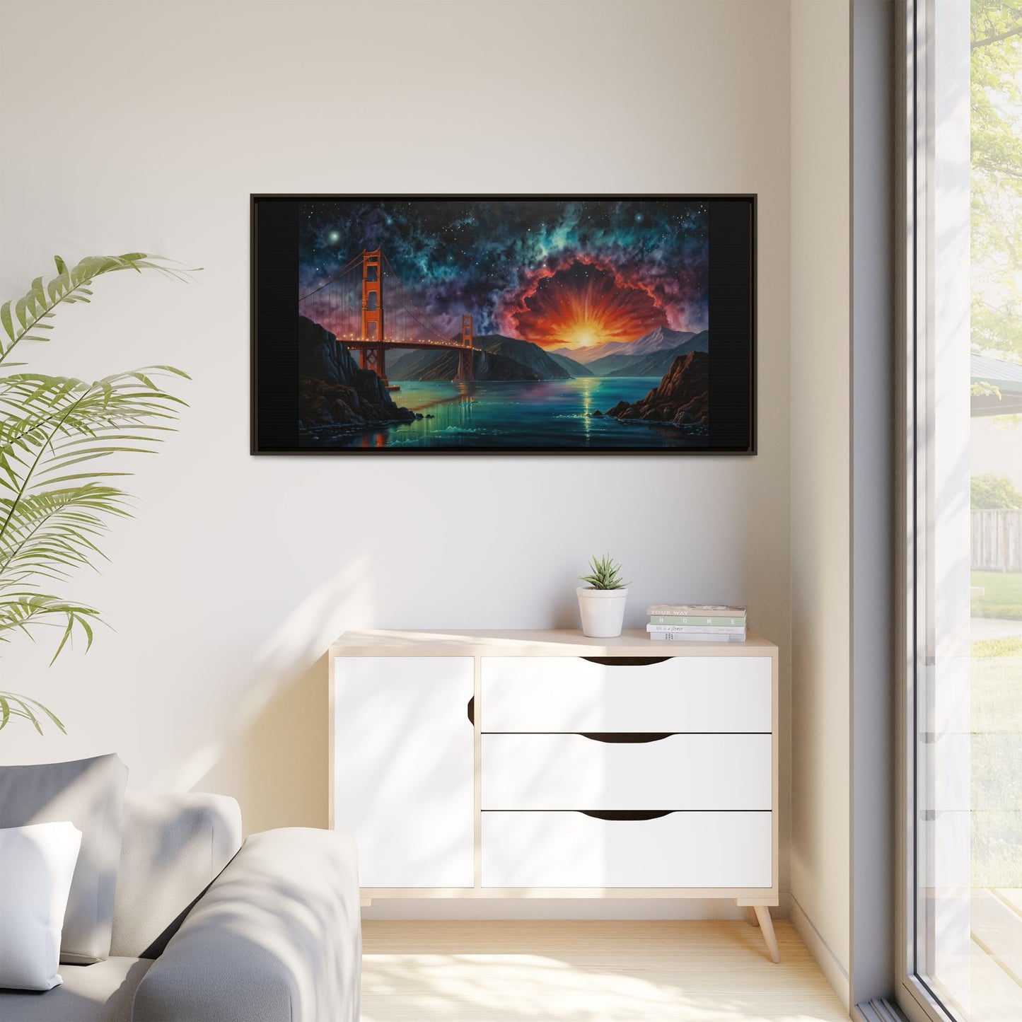 Golden Gate Sunset Framed Canvas Art - Multi-Color Wall Decor