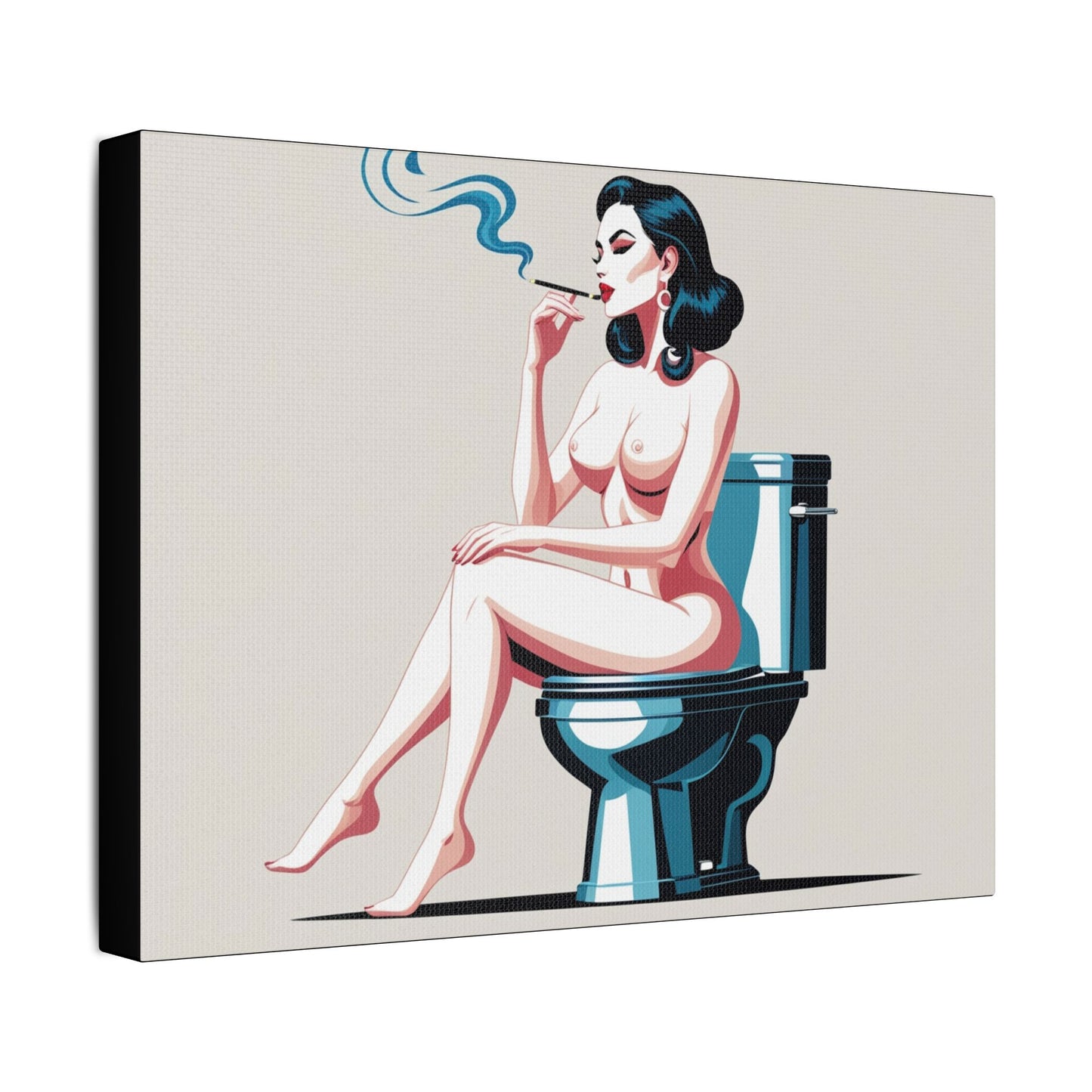Retro Vintage Art Canvas Print - Sensual Woman Smoking on Toilet