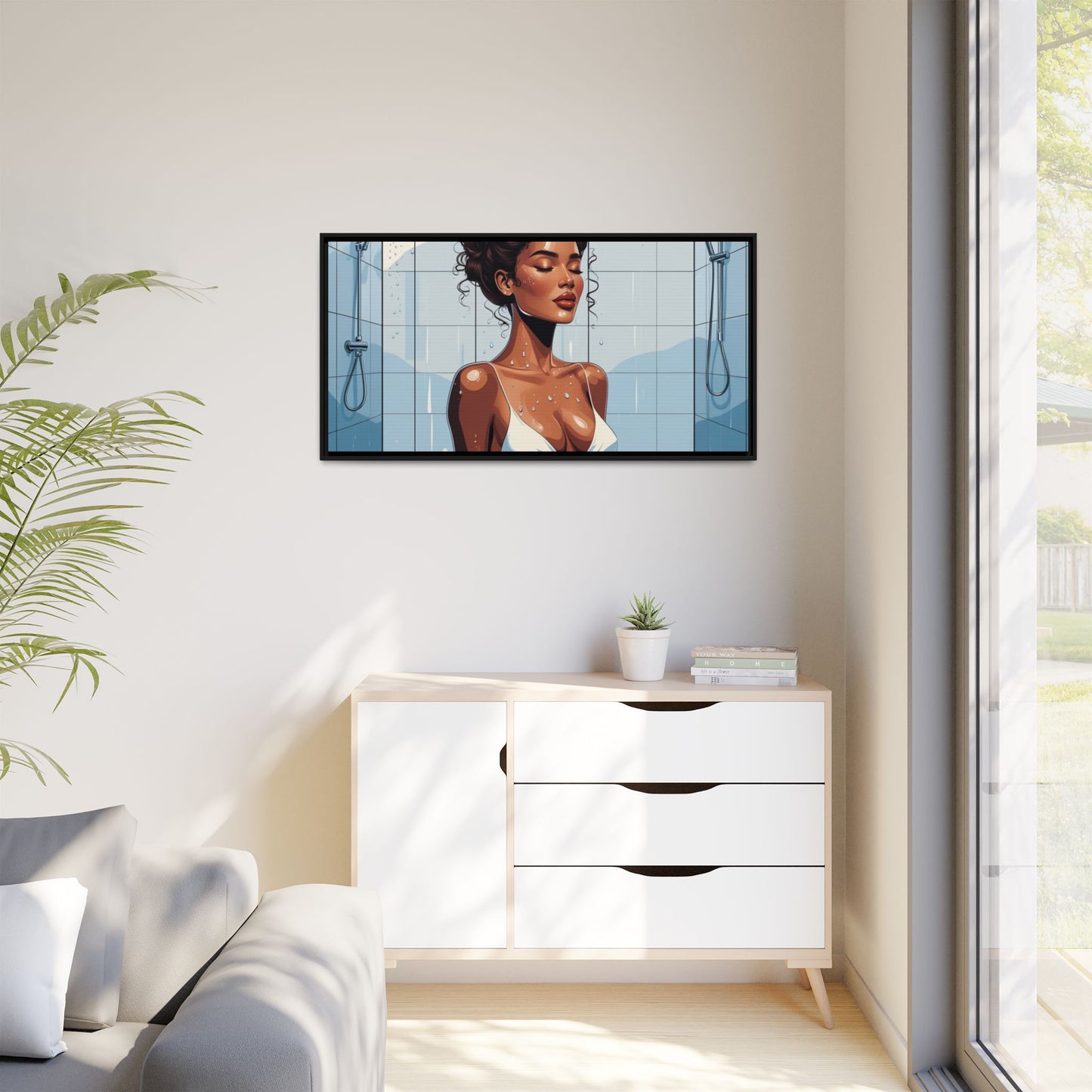 Serene Bathing Woman Canvas Art - Framed Multi-Color Wall Decor