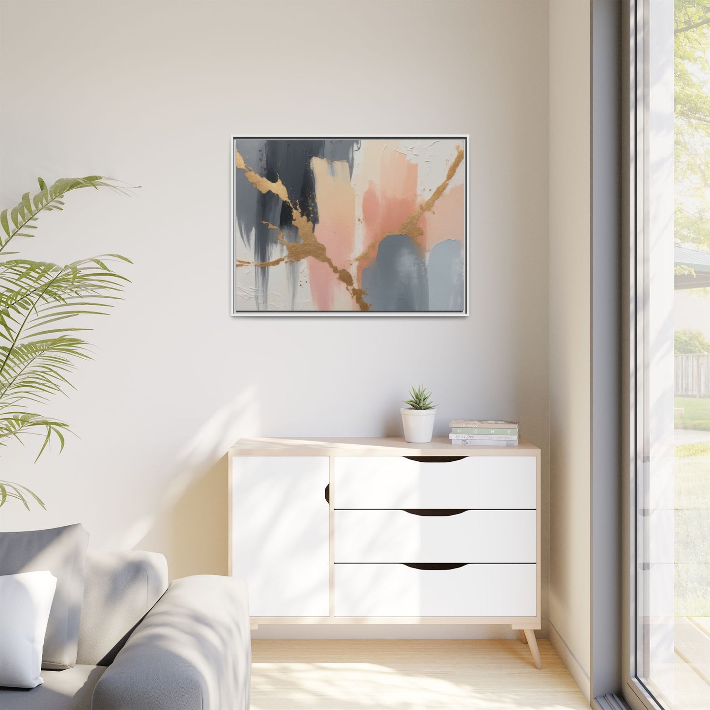 Elegant Abstract Framed Canvas Art with Gold Accents