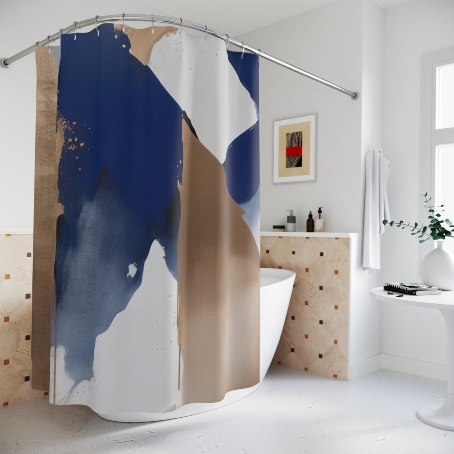 Abstract Art Shower Curtain - Modern Bathroom Decor in Navy and Gold