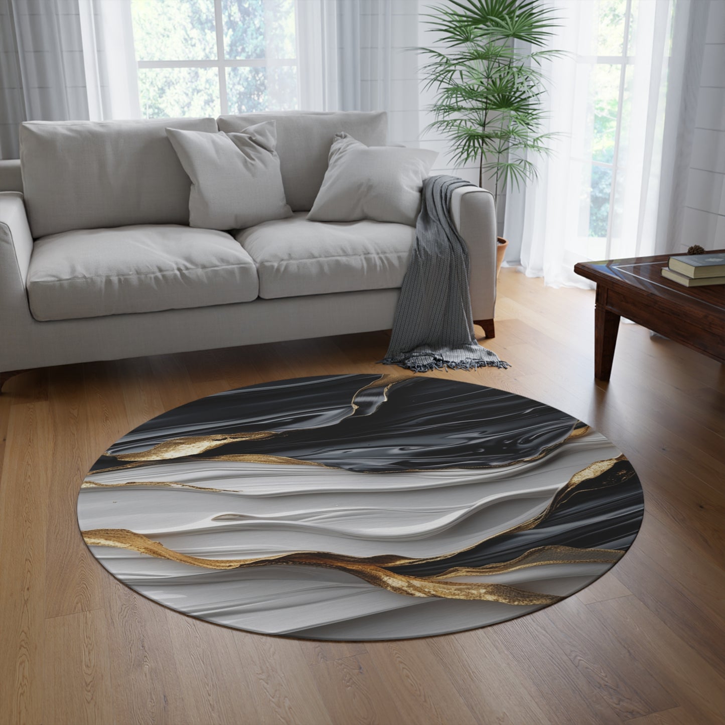 Elegant Black and Gold Round Rug for Luxe Home Decor