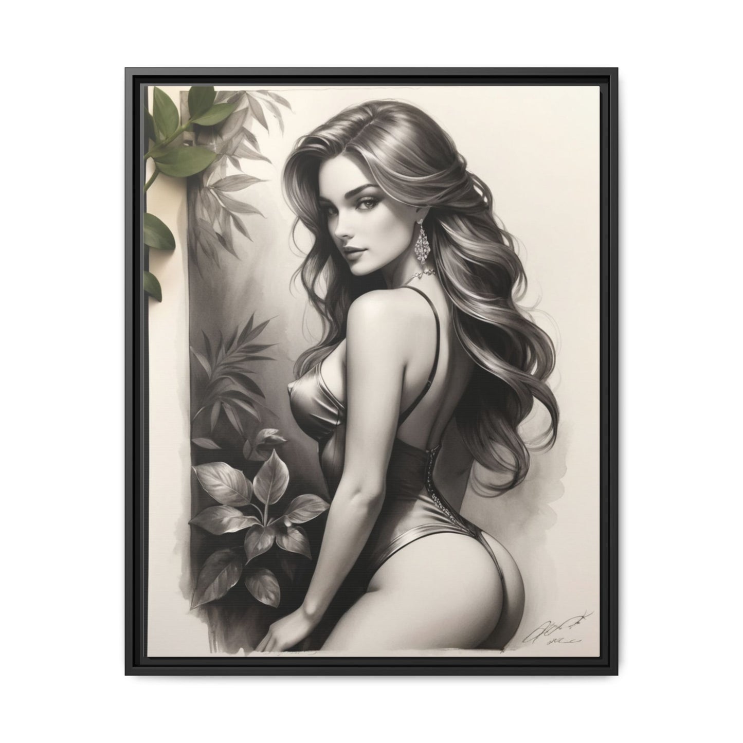 Elegant Framed Matte Canvas Art - Sensual Beauty with Tropical Vibes