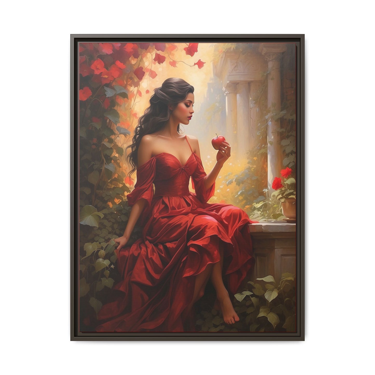 Elegant Framed Canvas Art - Romantic Red Dress with Apple