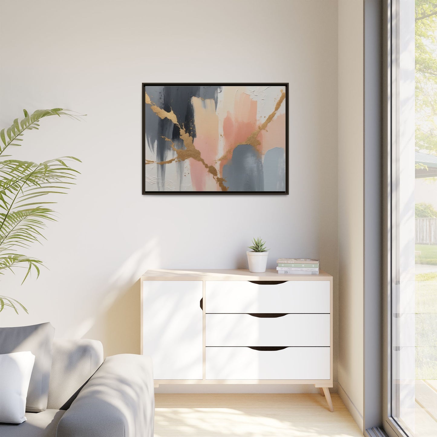 Elegant Abstract Framed Canvas Art with Gold Accents