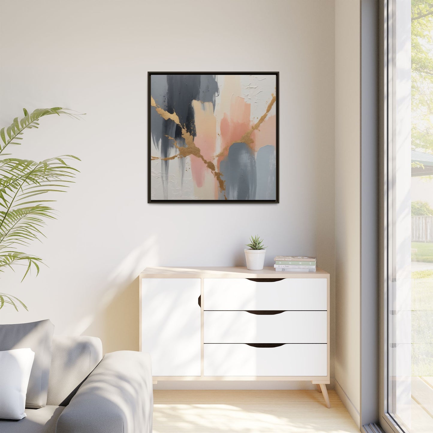 Elegant Abstract Framed Canvas Art with Gold Accents