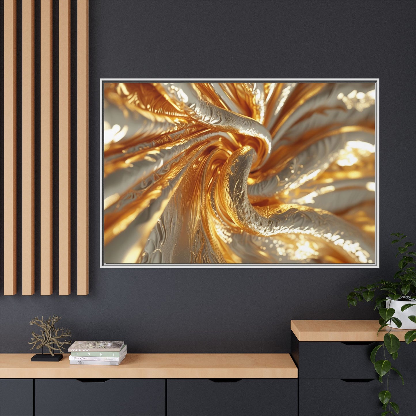 Elegant Abstract Matte Canvas Print - Gold & Silver Framed Art