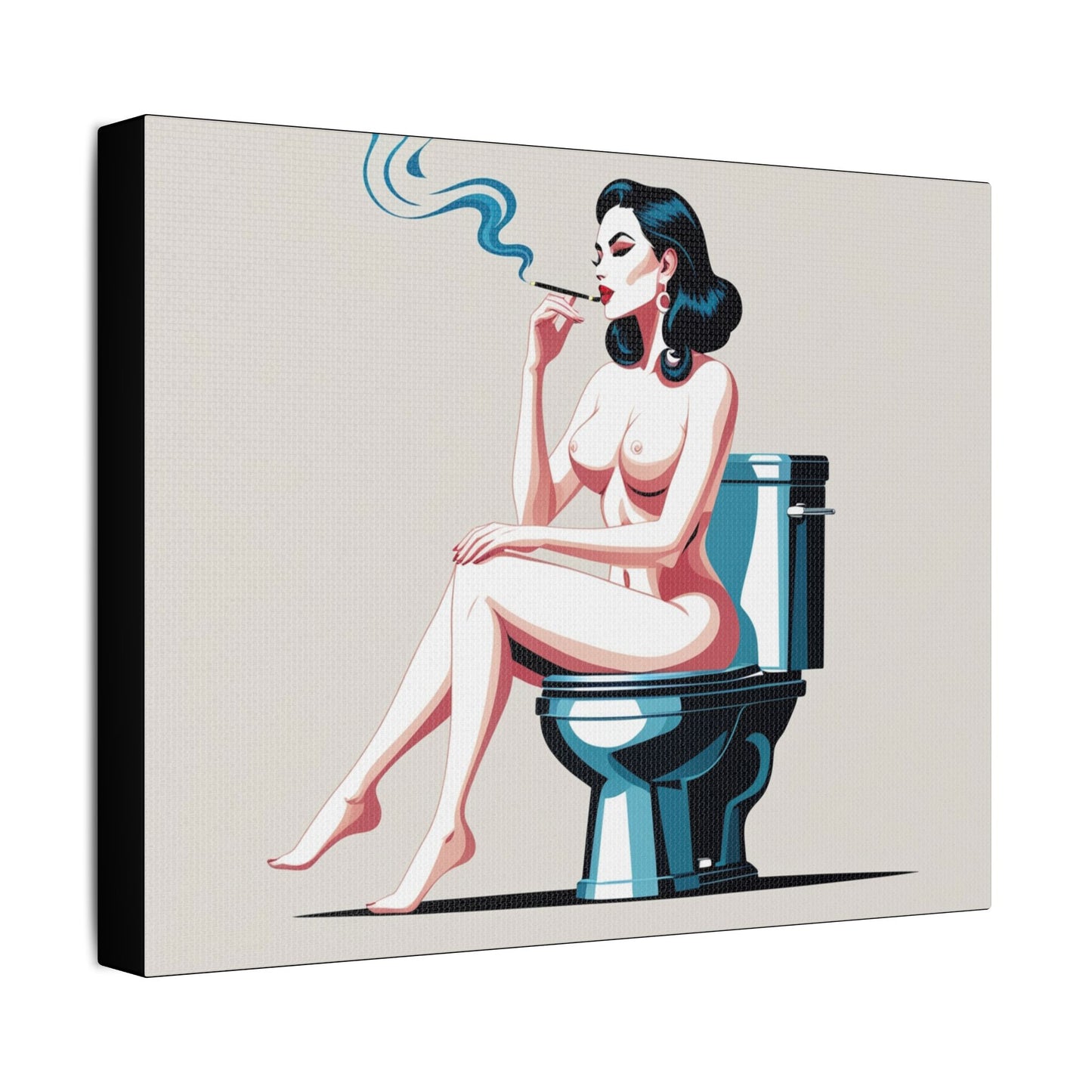 Retro Vintage Art Canvas Print - Sensual Woman Smoking on Toilet