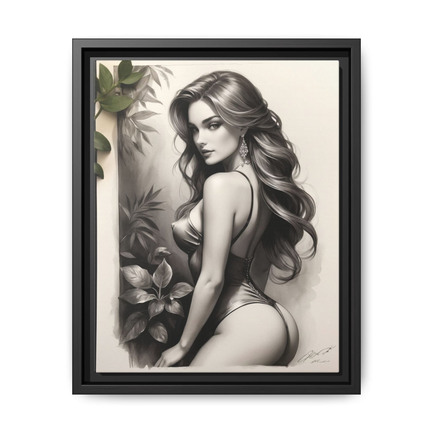 Elegant Framed Matte Canvas Art - Sensual Beauty with Tropical Vibes