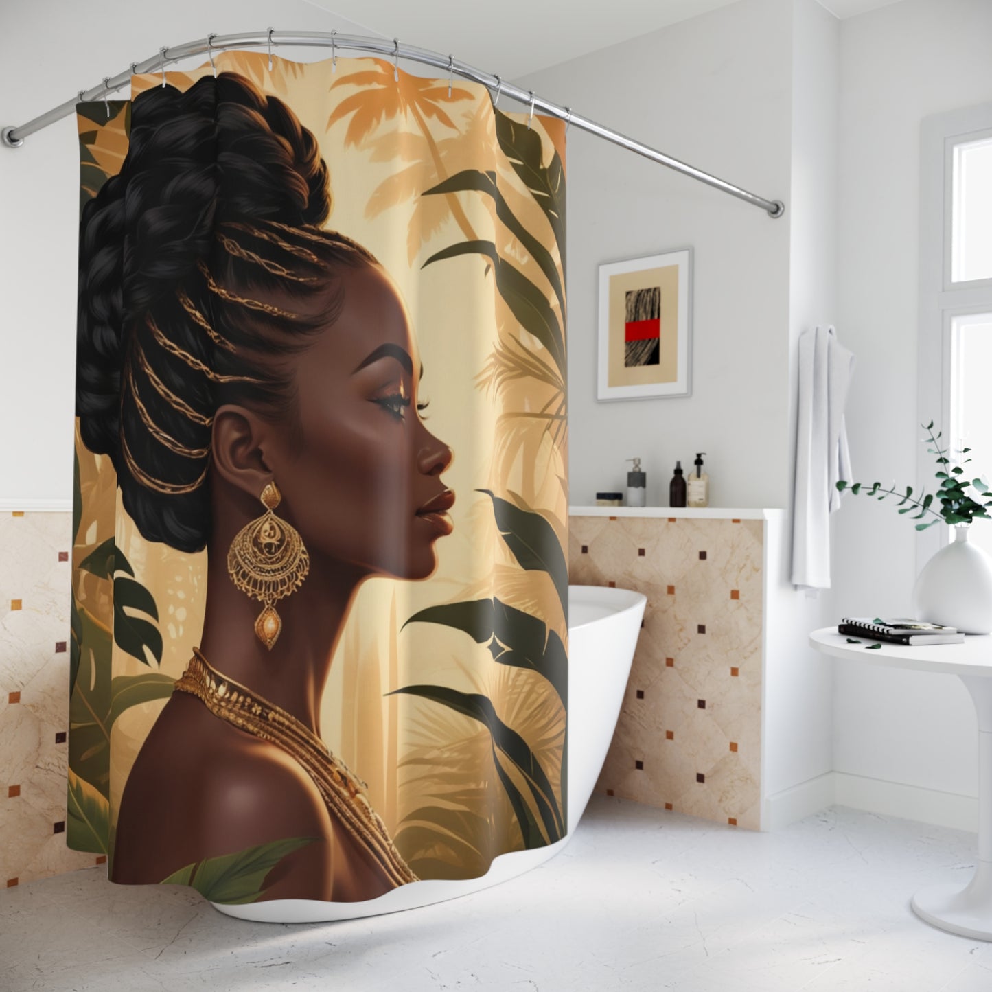 Afrocentric Shower Curtain - Boho Chic Bath Decor with Gold Accents