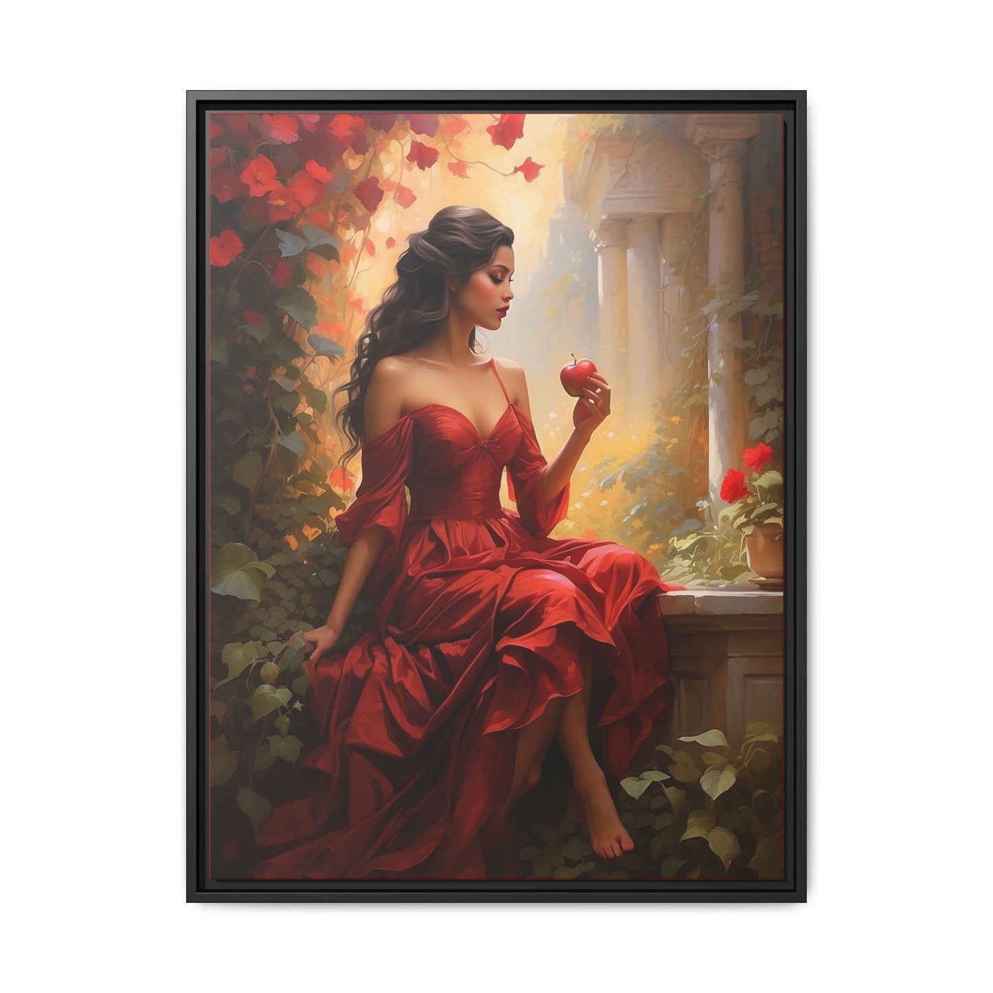 Elegant Framed Canvas Art - Romantic Red Dress with Apple
