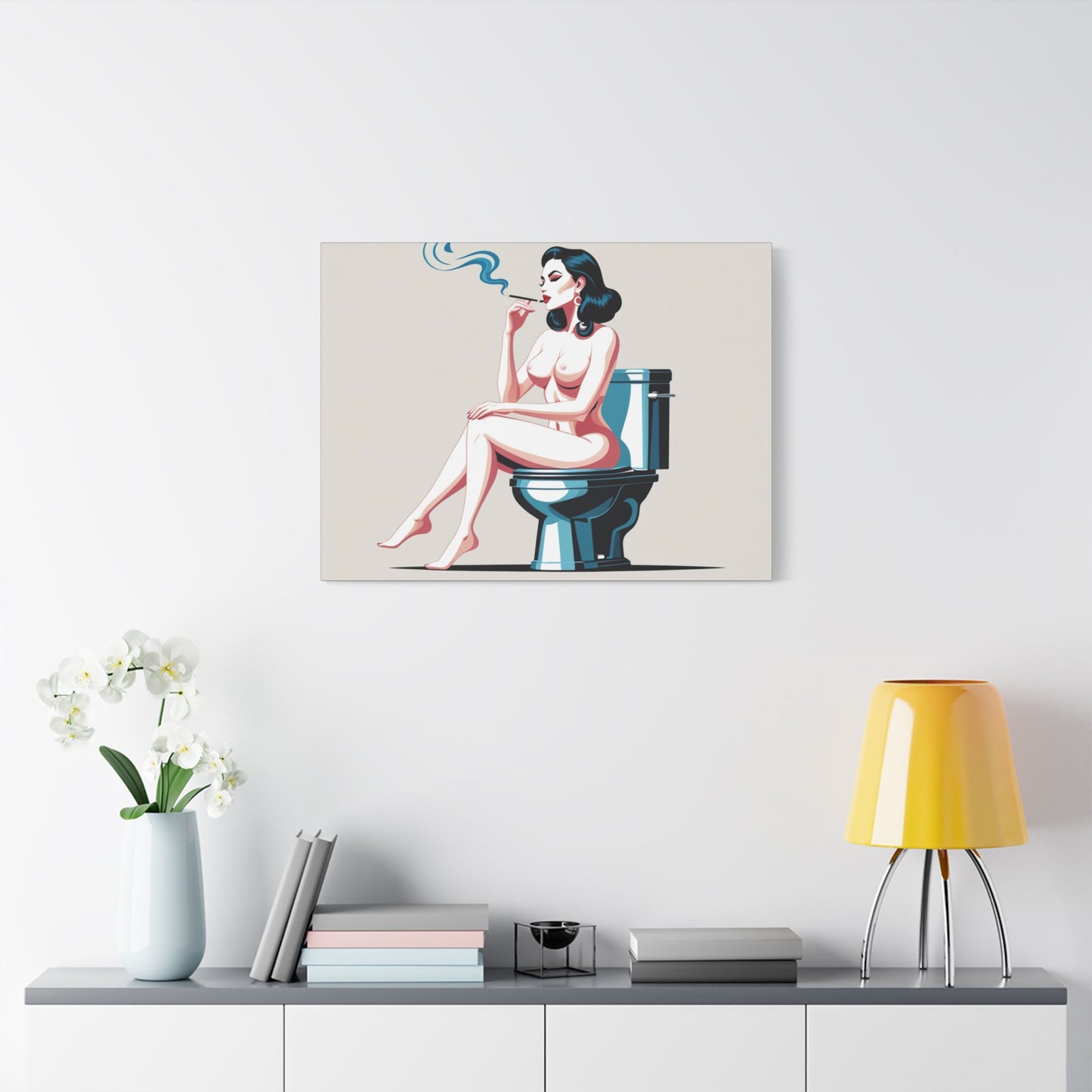 Retro Vintage Art Canvas Print - Sensual Woman Smoking on Toilet