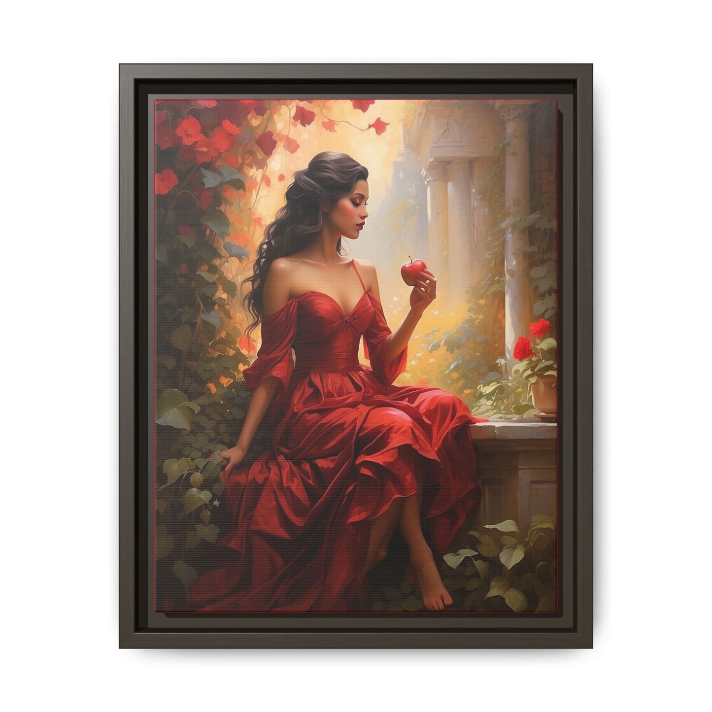 Elegant Framed Canvas Art - Romantic Red Dress with Apple